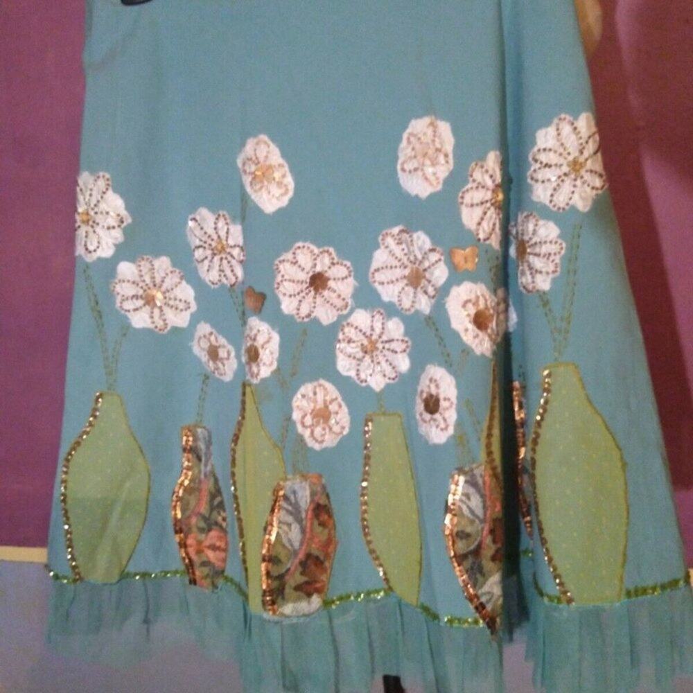Basil & Maude Aqua Colored A-line Skirt Flowers sz 6